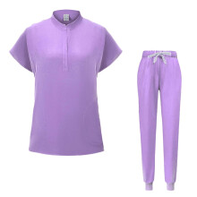 Cozy Fit Women's Solid Scrubs Set: Loose Drawstring Pants + Short Sleeve Blouse, Purple XL, Compatible with Nursing Uniforms
