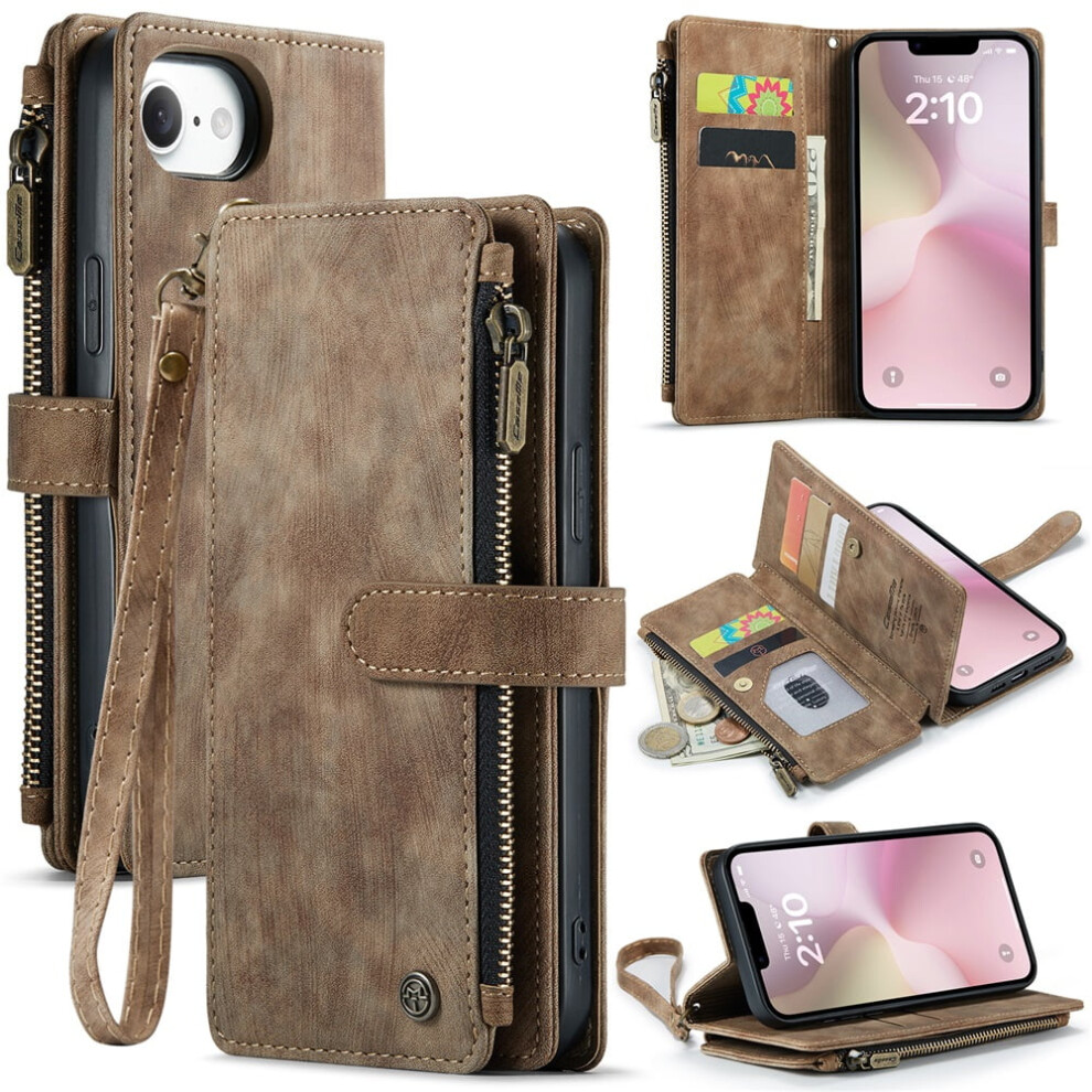 Caseme Wallet Case For Iphone 16E Â Pu Leather Magnetic Flip, Lanyard Strap, Zipper Card Holder, 6.1" Brown 9193271848592
