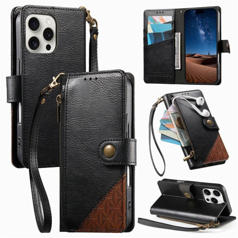 Compatible With Iphone 14 Pro Wallet Â Patchwork Pu Leather Magnetic Flip Case With Lanyard, Wristlet & Zipper Card Holder 9152228545397