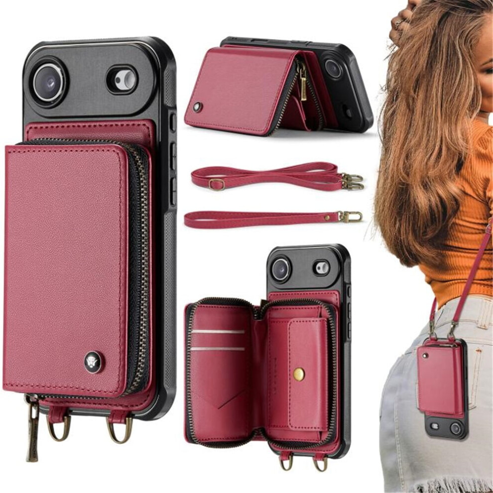 Rfid Wallet Case Compatible With Iphone Air 6.5", Wine Â Protective Purse With Card Slots, Kickstand, Wrist Strap & Zipper Red 9485826647324