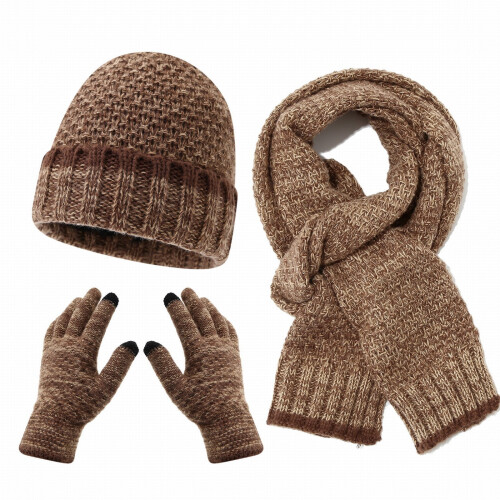 Winterstrickset, Mütze, Schal, Handschuhe, 3-teilig, Khaki