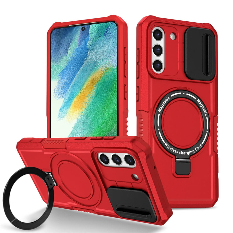 Shockproof Case For Samsung Galaxy S21 Fe 6.4" Â Sliding Camera Cover, Magsafe-Compatible, Hidden Kickstand & Ring Holder Red 9418476708213
