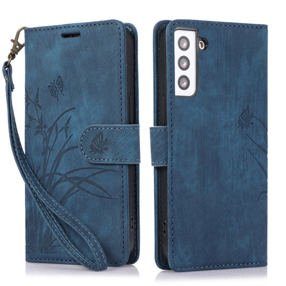 Leather Flip Wallet Case For Samsung Galaxy S21+ 5G Â Orchids & Butterflies Embossed, 3-Card Holder, Magnetic Closure, Blue 9418476733345