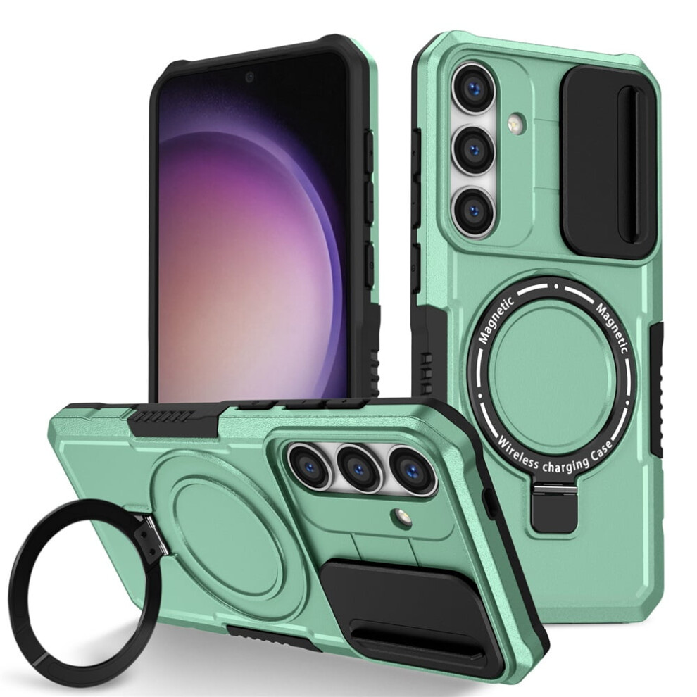 Light Shockproof Case For Samsung Galaxy S25 6.2" – Sliding Camera Cover, Magsafe Compatible, Hidden Kickstand & Ring Holder Blue 9193271847014
