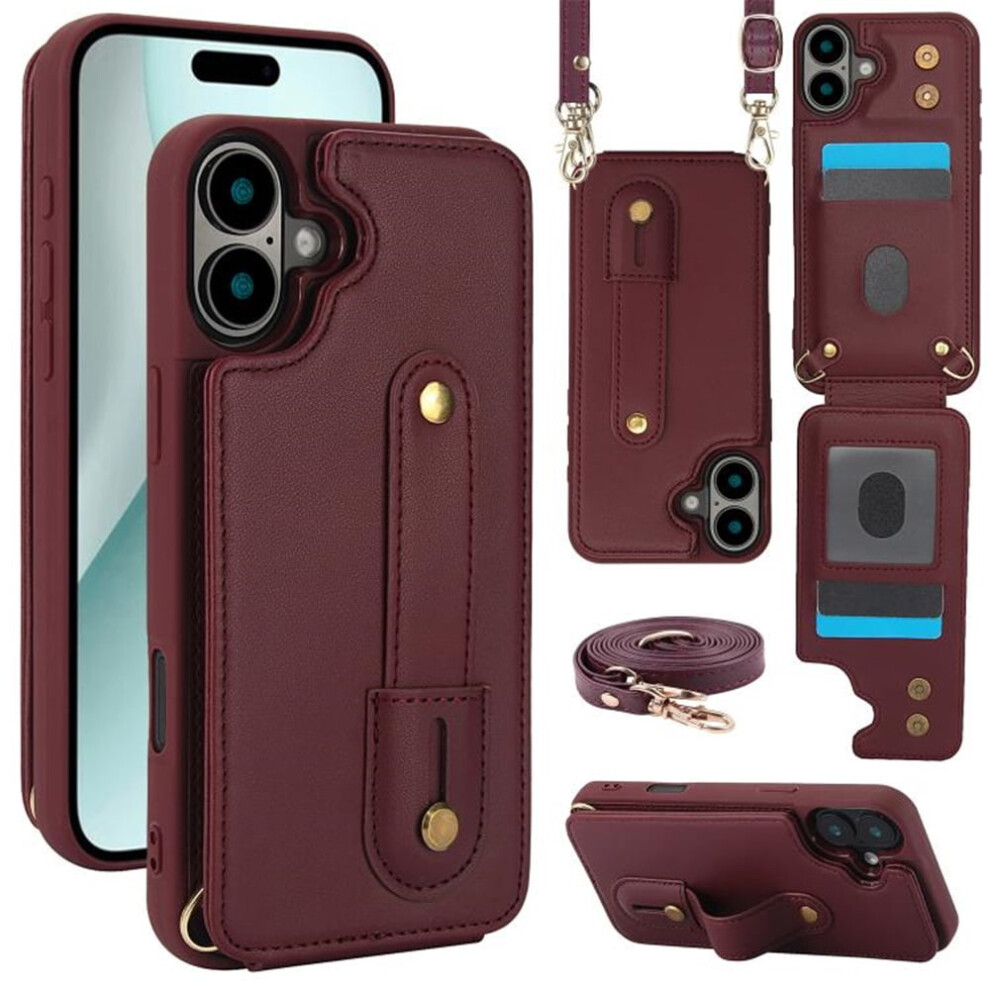 Premium Pu Leather Flip Wallet Case With Wristband & Card Slots, Detachable Crossbody, Wine Â Compatible With Iphone 16 Plus Red 9152228547155