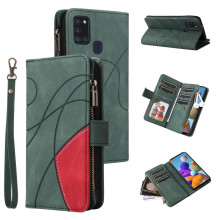 Samsung Galaxy A21S Brieftaschenhülle mit 9 Kartenfächern, Reißverschlussfach, Magnetverschluss, PU-Lederhülle und Handschlaufe – Grün,