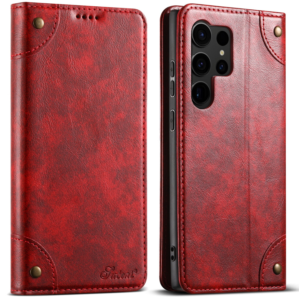 Leather Wallet Folio Case For Compatible With Samsung Galaxy S25 Ultra Â Magnetic Closure, Stand, Id/Cc Slots, Red 9130661944946