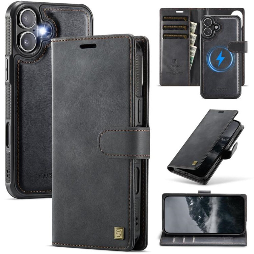 2-In-1 Detachable Magnetic Wallet Case For Iphone 16 Plus, Compatible With Magsafe, Pu Leather, Shockproof, Black 9130661942867