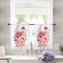Sheer Curtains 54" Long, Watercolor Floral Pink Light-Filtering Voile Drapes, Rod Pocket, 52"W x 54"L, 2 Panels