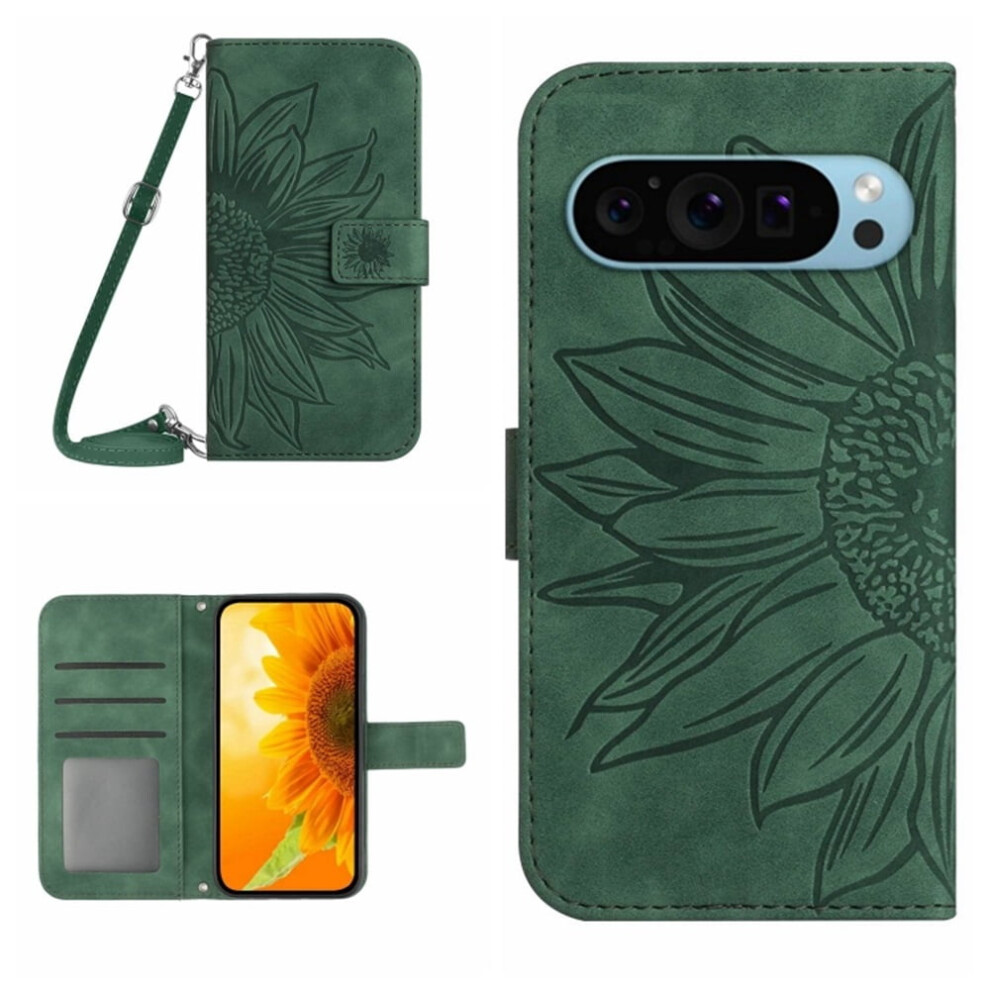 Pu Leather Flip Wallet Case For Google Pixel 10/10 Pro 6.3" Â Sunflower Embossed, Strong Magnetic Closure, Card Slots, Adjustable Shoulder Green 9152228547360