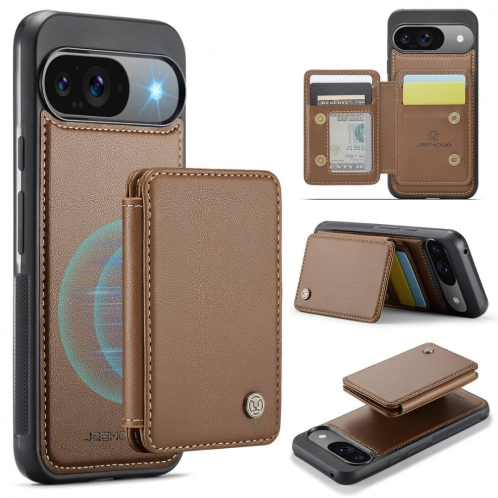 Leather Wallet Case For Google Pixel 9 / 9 Pro Â Rfid Blocking, Card Holder, Cash Slot, Detachable Kickstand Brown 9418476707520