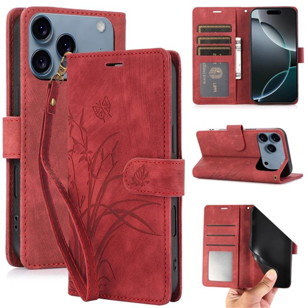 Orchids & Butterflies Embossed Leather Flip Wallet Case With Card Holder & Magnetic Closure Â Compatible With Iphone 17 Pro Red 9418476709432
