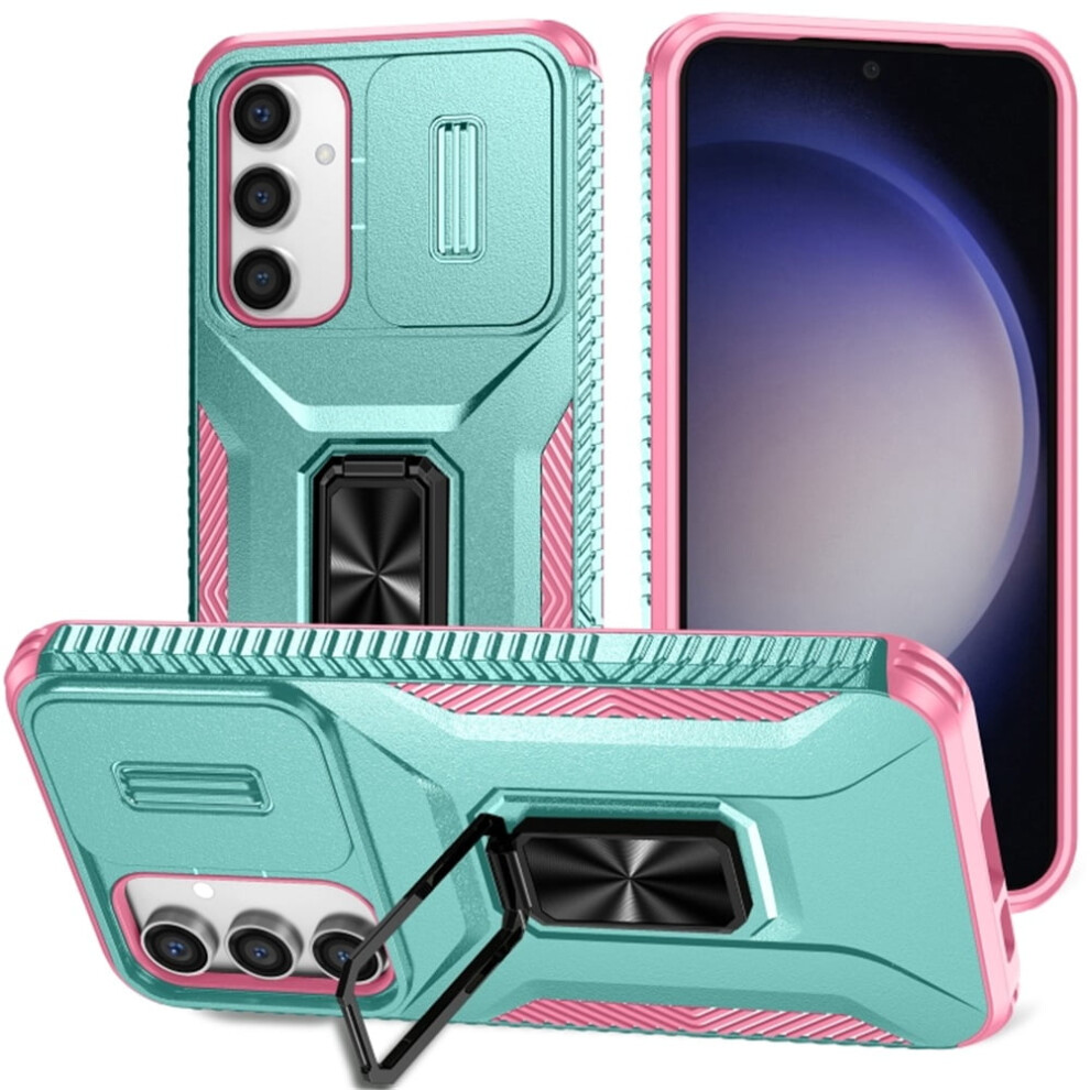 Shockproof Hybrid Case For Samsung Galaxy S23 Fe 5G: Slim Fit, Slide Camera Cover, Rotating Ring Kickstand, Military-Grade, Grey Green Green,Grey 9170372156474