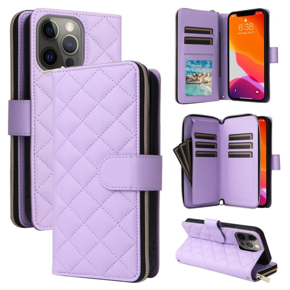 Magnetic Flip Wallet Case For Iphone 12/12 Pro: 9-Card Slots, Zipper Pocket, Detachable Shoulder & Wrist Straps, Purple 9418476709043