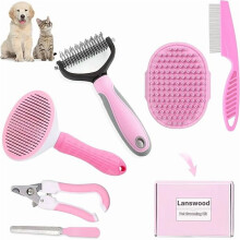 6PCS Dog Grooming Kit: Shedding Brush, Dematting Comb, Nail Clipper with File, Flea Comb, Bath Brush—Pink
