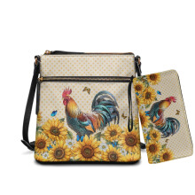 Damen-Umhängetaschen-Set mit Hahn-, Sonnenblumen- und Gänseblümchenmuster – Hobo-Tasche aus Leder mit Geldbörse, mehreren Fächern und