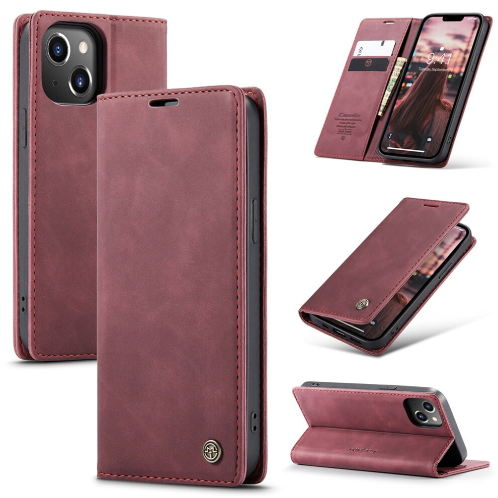 Caseme Leather Flip Wallet Case For Compatible With Iphone 14 Plus – Wine Magnetic Closure, Card Holder, Shockproof, Kickstand Red 9418476710926