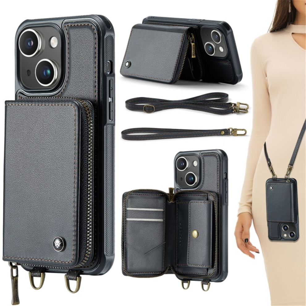 Rfid Wallet Case Compatible With Iphone 15 Plus 6.7" Â Protective Purse With Card Slots, Kickstand, Wrist Strap, Lanyard & Zipper Â Black 9170372156412