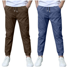 2 Pack Boys Linen Pants Summer Chino Pants Drawstring Trousers Lightweight Athletic Pant Casual Pant School Uniform Blue 5-6 Years