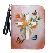 Crucifix Lily Butterfly PU Leather Bible Case – Lightweight, Detachable Wristlet Strap, Compatible with XL Bibles