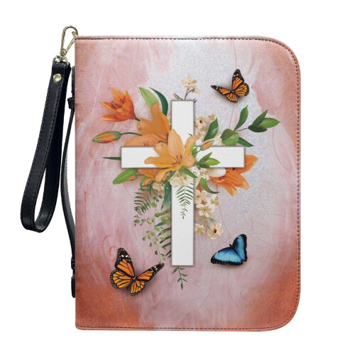 Δερμάτινη θήκη Βίβλου PU Crucifix Lily Butterfly – Ελαφριά, αποσπώμενο λουράκι καρπού, 2XL,