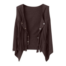 Colete infantil feminino com franjas, estilo hippie anos 60/70, sem mangas, estilo western, em couro marrom, tamanho 13-14 anos.