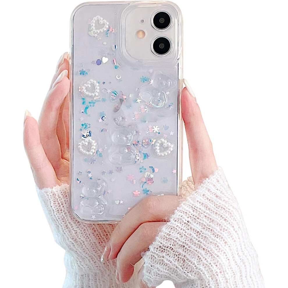 Cute 3D Bear Glitter Bling Pearl Love Heart Clear Phone Case For Compatible With Iphone 12 (6.1''), Shockproof & Camera Protected White 9165521656158