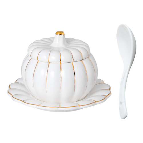 1Set White Ceramic Pumpkin Bowl with Lid Multi-Use Soup Stew Container