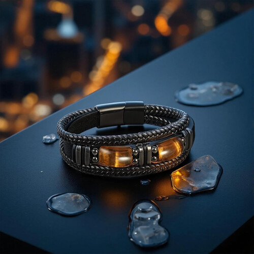Tiger Eye sort læderarmbånd til mænd 2