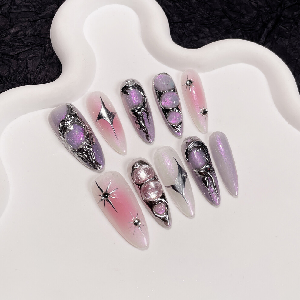 Creation-3C (Xs) Pink Purple Long Fake Nails, Unbreakable & Stylish