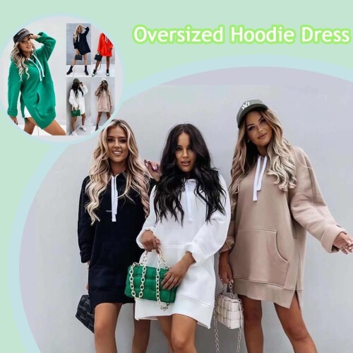 Το ζεστό, oversized φόρεμα με κουκούλα για γυναίκες, First Ones casual πουλόβερ με κορδόνι, 2