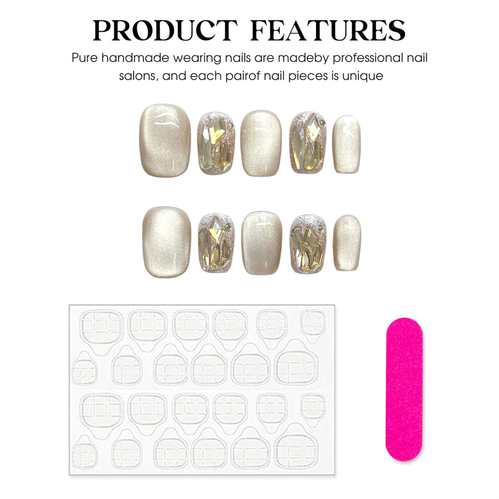 Penghui-Toys (S) Champagne Cat Eyes Press On Nails Resin Material Zero Pressure On Nail Bed For Hot Girl Dress Matching