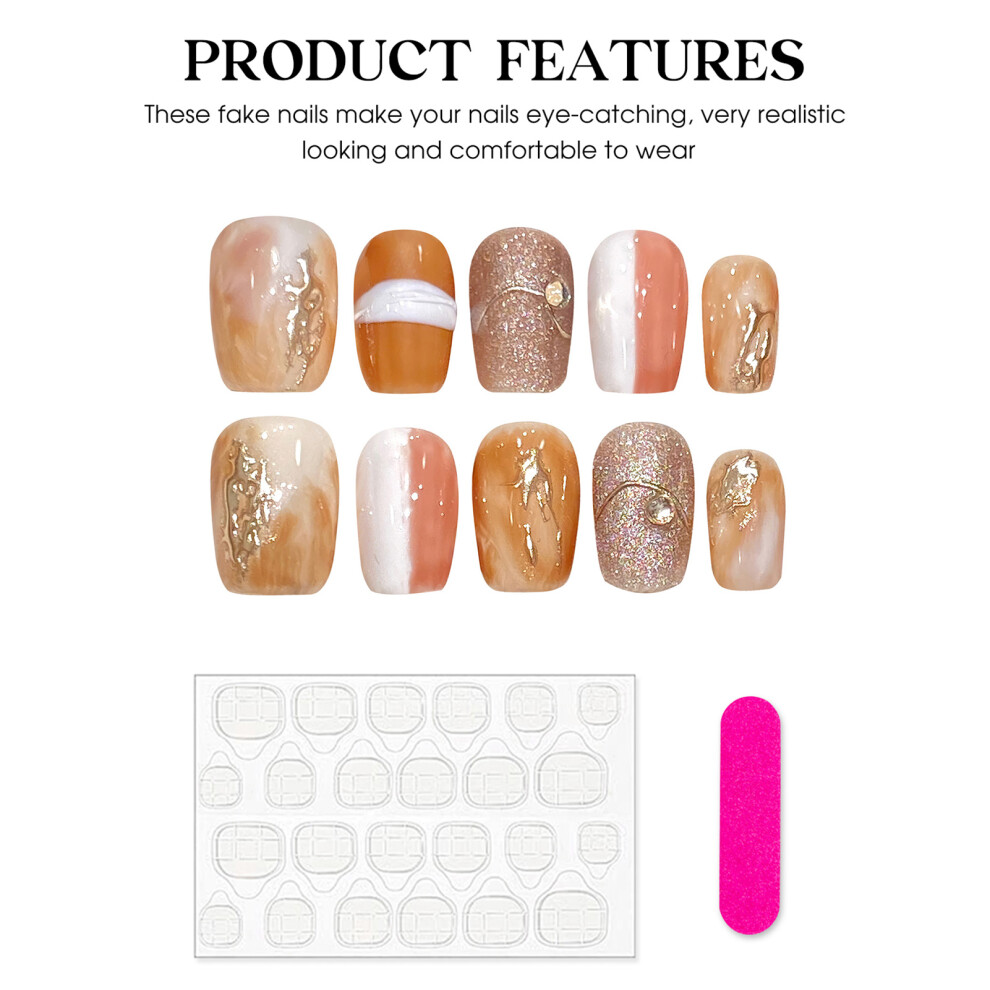 Penghui-Toys (Xs) Light Brown Smudging Short Fake Nails Charming Comfortable To Wear Manicure Nails For Shopping Traveling Dating