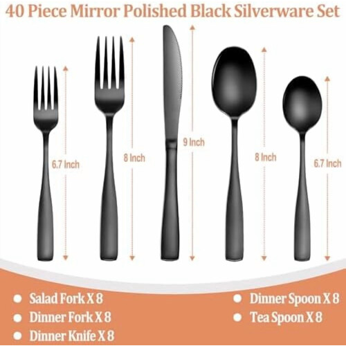 Black Stainless Steel Flatware Set 40-Pc for 8 1