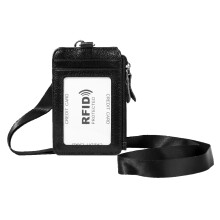 ID Card Holder Wallet With Flip Cover, Cowhide Leather Design With1Side Zipper Pocket, Includes20Inch Leather Neck Strap