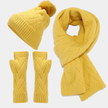 Women's Winter Pom Pom Beanie Set with Fleece-Lined Hat, Wrist Warmers & Scarf – 3-Pc Matching Skiing Gift Set, Yellow