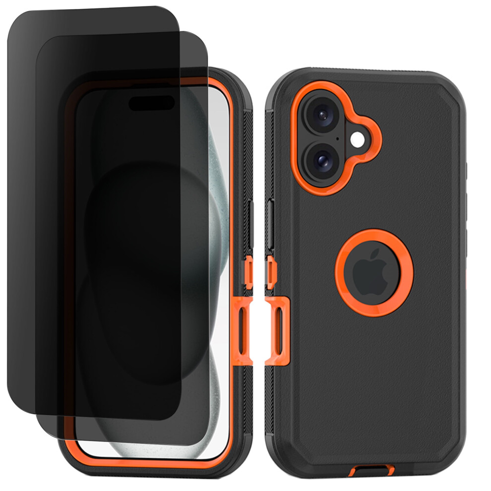 Phone Case For Compatible With Iphone 16 Heavy Duty Shockproof Dustproof Case With Privacy Screen Protector Tempered Glass, Black/ Orange Orange,Black 9558633062243