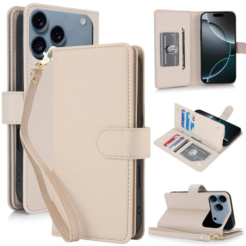 Leather Magnetic Wallet Case For Iphone 17 Pro 6.3": Rfid Blocking, Kickstand, Anti-Drop Tpu, Detachable Wrist Strap, Apricot 9558633064575