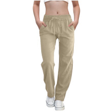 Teen Girls Casual Cotton Linen Pants Lightweight Summer Loose Fit Elastic Waist Solid Lounge Long Trousers Khaki 14-15 Years