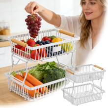 Ventilated 2-Tier Kitchen Fruit Basket with Hanger & Handle – Detachable Metal Mesh Stand for Snacks, Seasonings, Veggies (White)