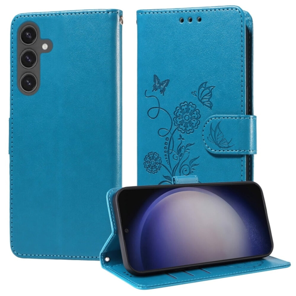 Leather Flip Phone Case For Samsung Galaxy S23 Fe 5G—Embossed Butterfly Flowers, Card Slots, Cash Compartment, Shockproof Kickstand Blue 9485826649830