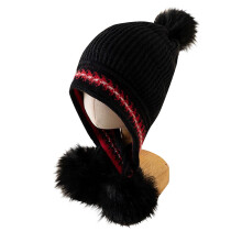 Girls Winter Cover Ears Beanie Hat Ear Flaps Ski Snow Hats Knit Fleece Lined Hats Black