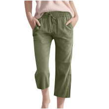 Girls Capri Pants Elastic Waist Straight Leg Drawstring for Kids Summer Pants with Pockets Olive Green 7-8 Years