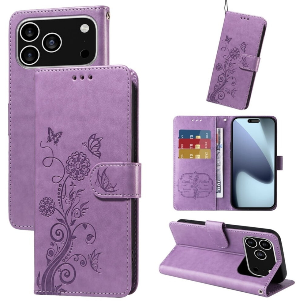 Embossed Butterfly Flower Flip Leather Case For Iphone 17 Pro Â Shockproof, Kickstand, Card Slots & Cash Compartment Purple 9193271852711