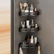Étagère d'angle triangulaire sans perçage, en plastique noir, 30 x 21 x 5,3 cm, organisateur de salle de bain gain de place