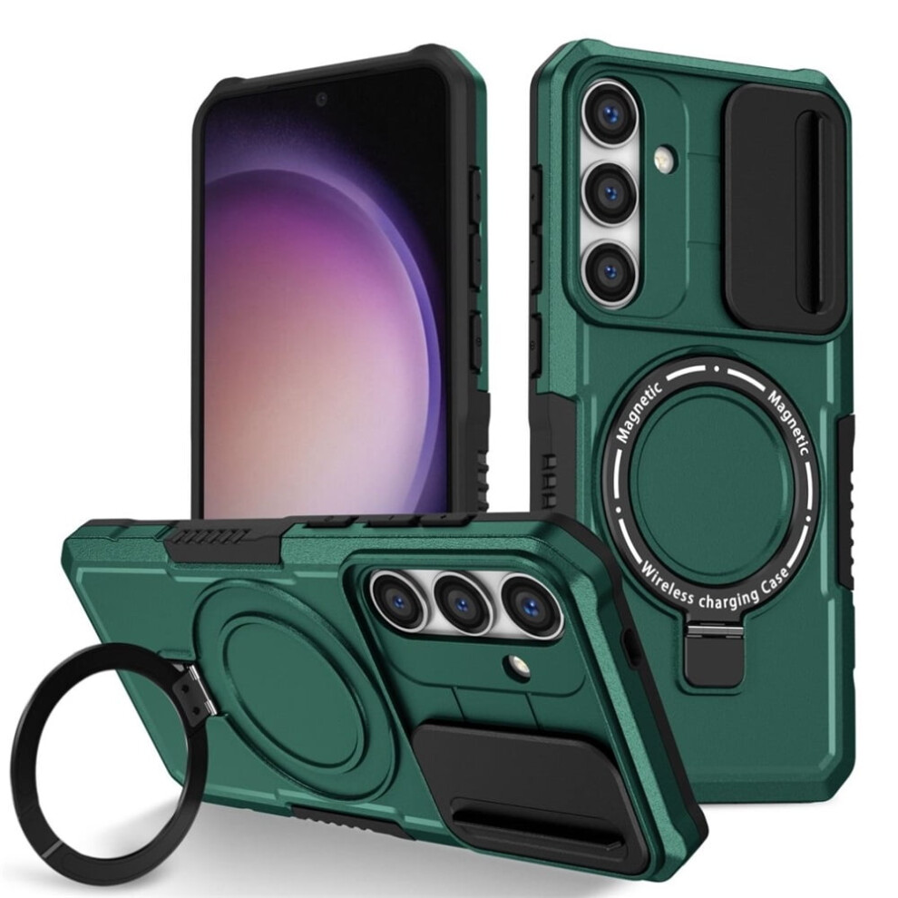 Samsung Galaxy S25 Case (6.2") – Sliding Camera Cover, Magsafe Compatible, Shockproof, Hidden Kickstand & Ring Holder, Deep Green 9193271853411