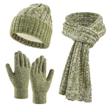 Unisex Winter Knit Set, Fleece Lined Cuffed Beanie, Matching Scarf & Gloves, 3-Piece Thickened Winter Set, Warm Cold Weather Accessories Green