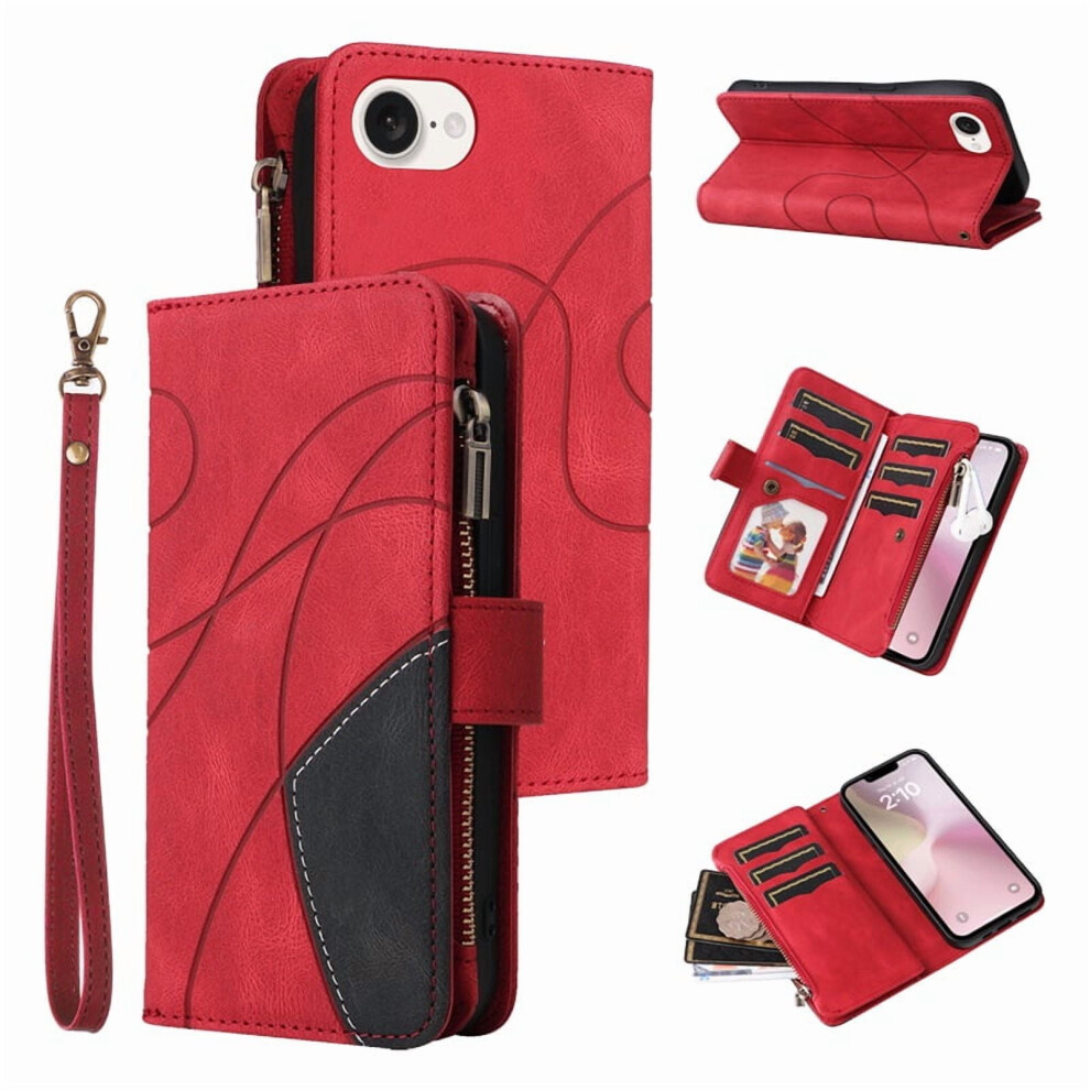 Iphone 16E Wallet Case With 9-Card Holder, Zipper Pocket & Magnetic Closure Â Pu Leather Folio With Wrist Strap, Red 9193271854050