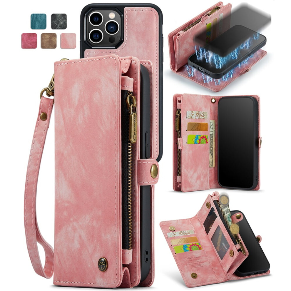 Caseme Leather Case For Iphone 13 Pro Maxâ2-In-1 Detachable Wallet, 8-Card Holder, Zipper Bills Slot, Magnetic & Shockproof, Pink 9193271853701