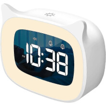 (White) Kids Alarm Clock with Night Light & 18 Ringtones, Rechargeable Cute Cat Ear Digital Clock for Boys Girls Bedroom